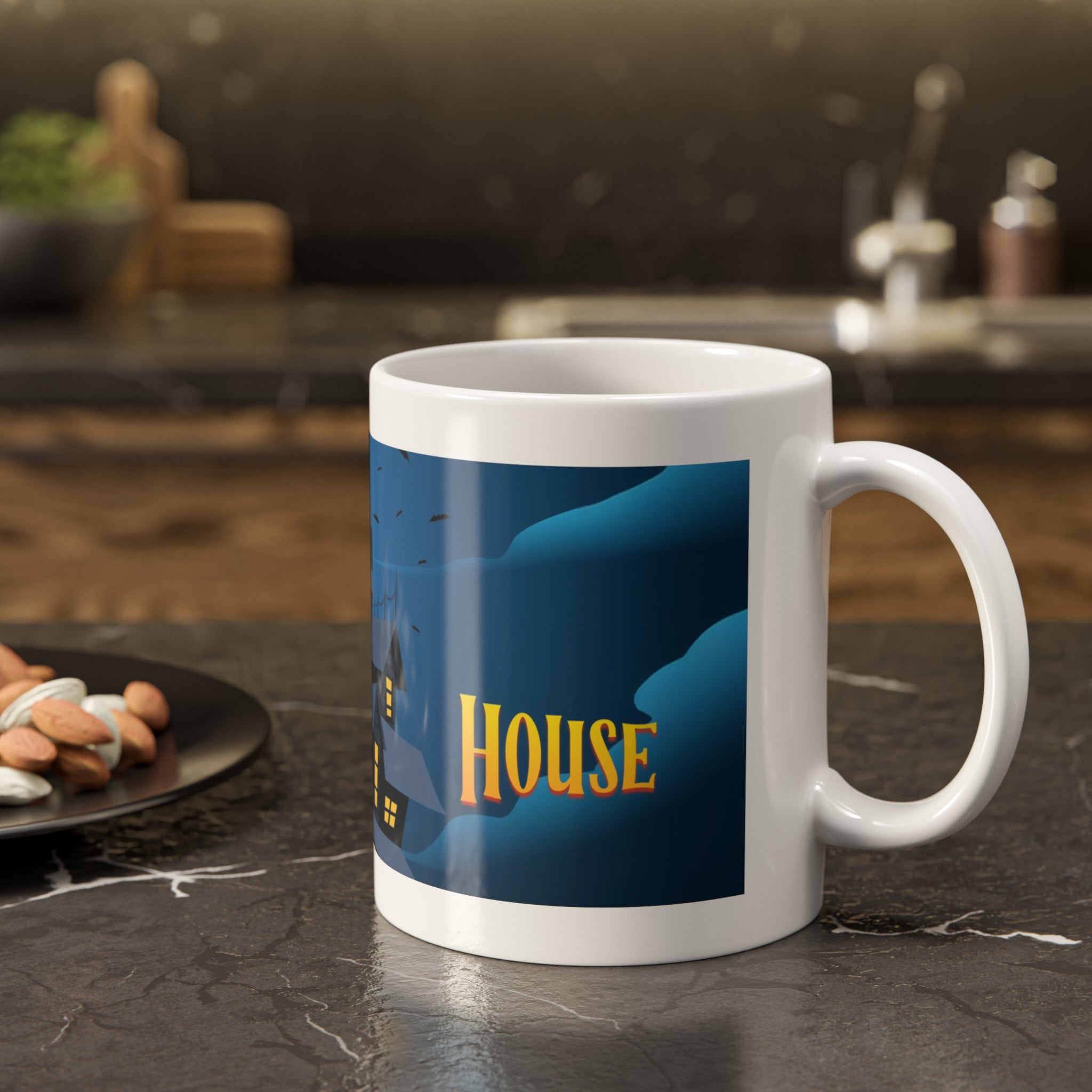 Haunted House Under Full Moon | Halloween Night with Bats | White Ceramic Mug